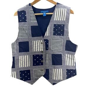 Karen Scott Sport Vest Blue Patchwork V Neck Vest Women Medium